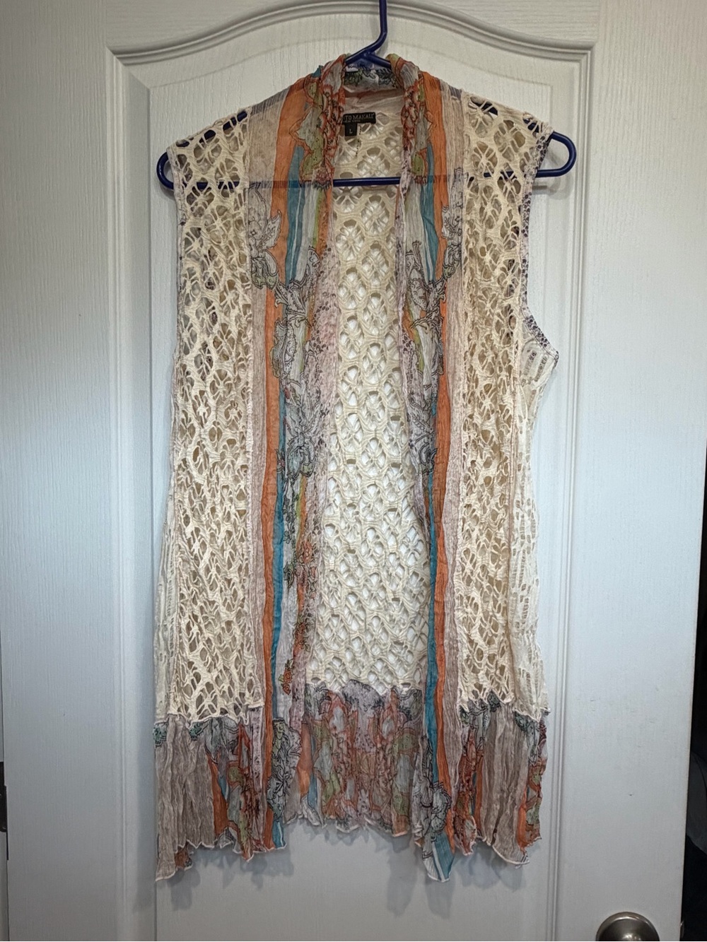 Alberto Makali Cream Crochet Open-Front Vest with Orange & Teal Trim